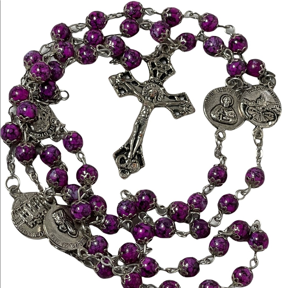 - Vintage purple glass bead silver rosary catholic